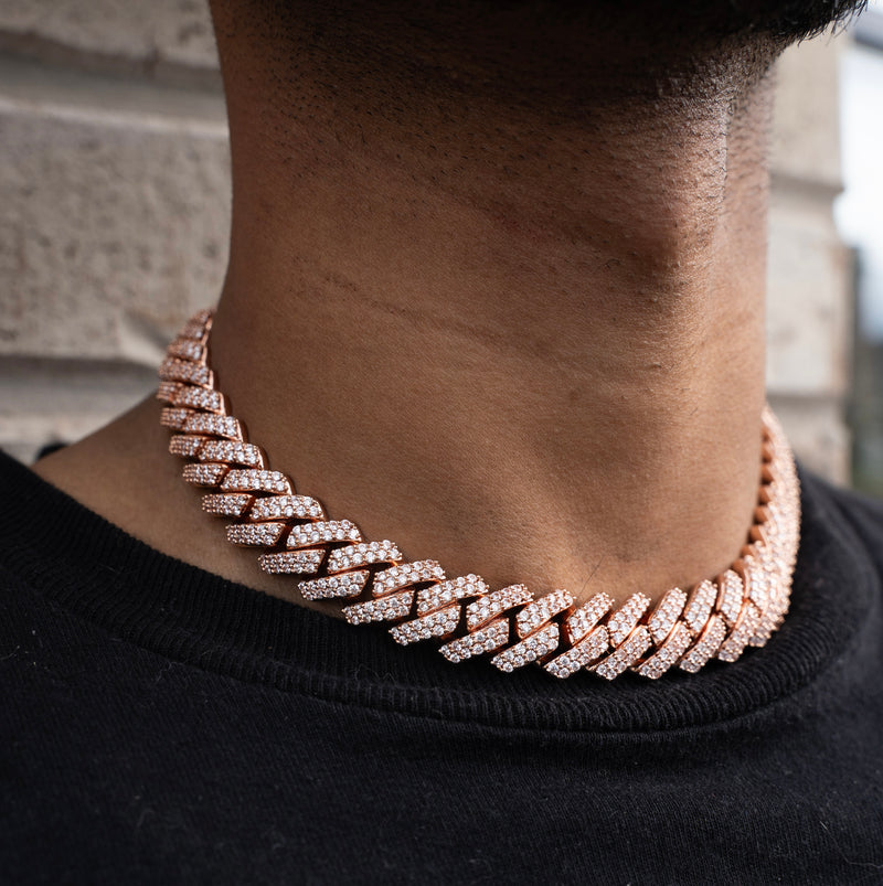 14mm Diamond Prong Cuban Chain - Rose Gold